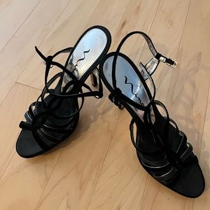 Nina Sexy Strappy Black Heels. Velvet and fabric with genuine leather sole. 9.5